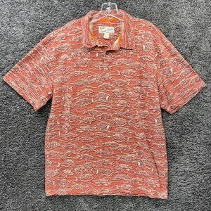 Crazy Shirts Polo Shirt Mens Large Peach Fish Print Cotton Hawaiian Short Sleeve
